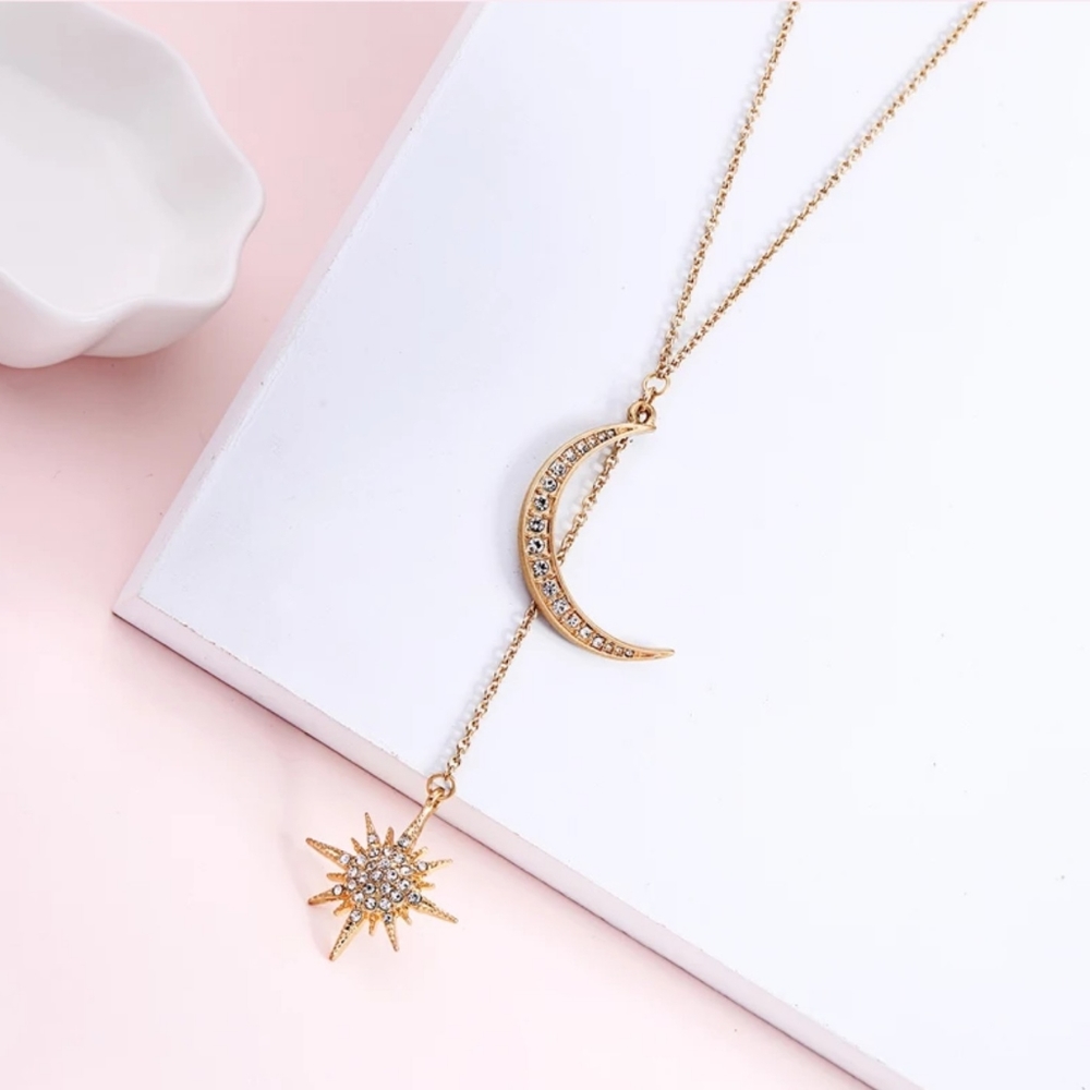 Exquisite Crystal Moon Star Long Pendant Necklaces